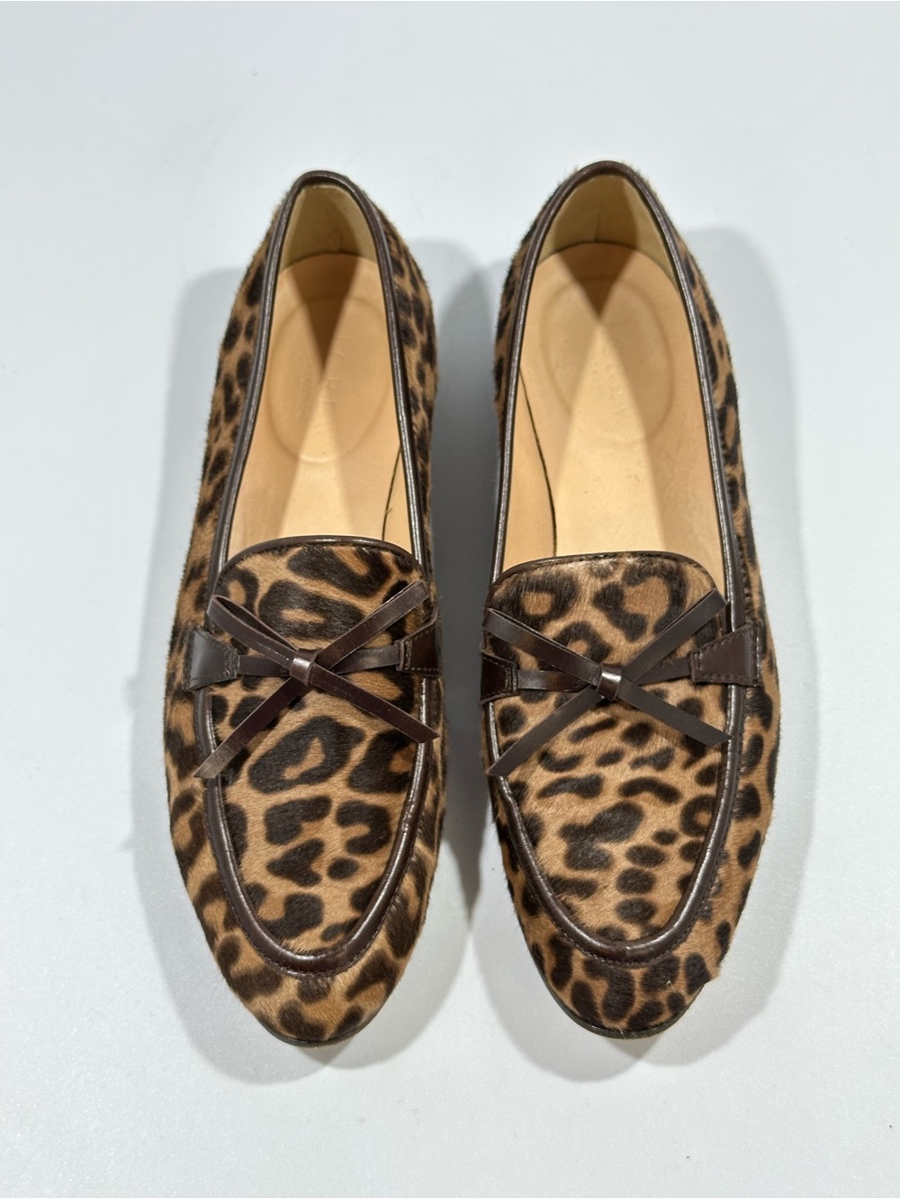 J Crew Collection Academy Leopard Calf Hair Loafers Bow Flats Genuine Leather Sz